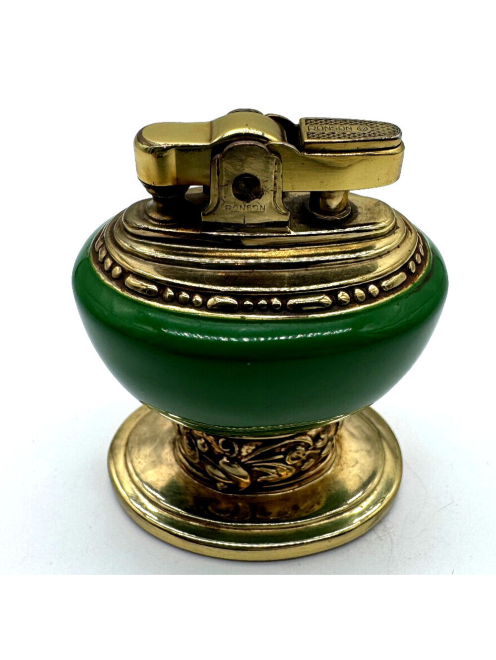 Vintage Ronson Leona Table Lighter Green Ceramic Gold Tone Newark NJ USA